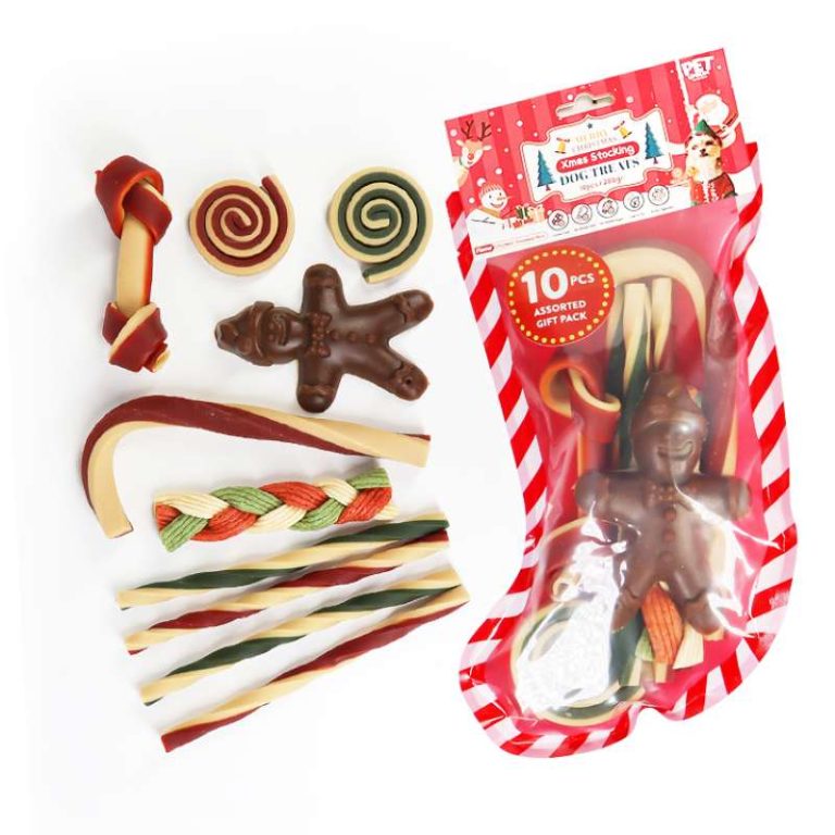 Christmas Stocking Dog Treats with Gingerbread, Candy Cane, Braid, Bone, Stick Chews